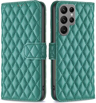 BINFEN Hoesje - Geschikt voor Samsung Galaxy S24 Ultra Hoesje - BINFEN Rhombus Book Case - Groen