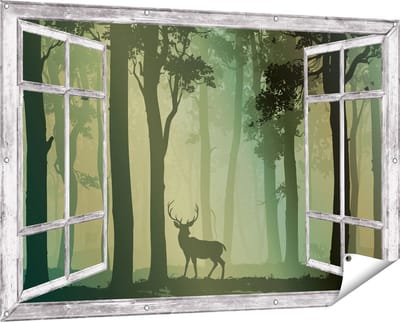 Gards Tuinposter Doorkijk Hert in het Bos - Silhouet - 150x100 cm - Tuindoek - Tuindecoratie - Wanddecoratie buiten - Tuinschilderij