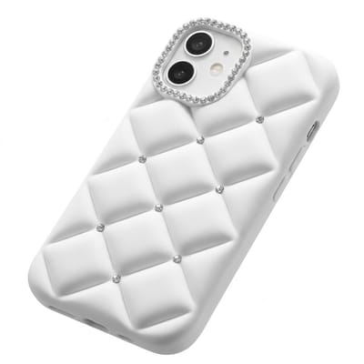 Wit gewatteerd telefoon hoesje geschikt voor iPhone 16 – dames – premium backcover case met rhinestone details en vierkant camera frame