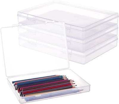 Set van 4 rechthoekige doorzichtige plastic opbergdozen, 22.5 x 16.5 x 3.2 cm, ideaal voor notitieboeken, pennen, kralen en sieradenopslag