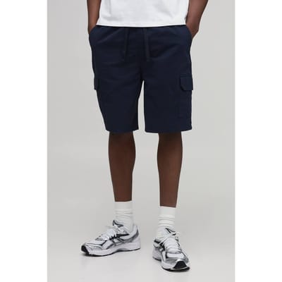 Tall Essential Relaxed Fit Elasticated Mid Length Twill Cargo Shorts | Navy | Size Small