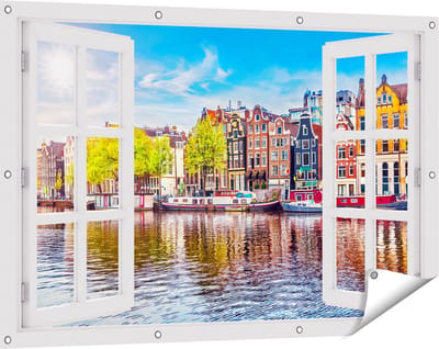 Gards Tuinposter Doorkijk Amsterdamse Huisjes aan het Water - 120x80 cm - Tuindoek - Tuindecoratie - Wanddecoratie buiten - Tuinschilderij