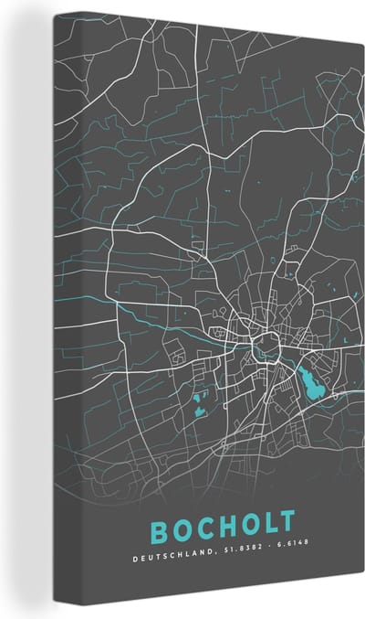 Canvas Schilderij Stadskaart – Bocholt – Duitsland – Plattegrond – Kaart - 20x30 cm - Wanddecoratie
