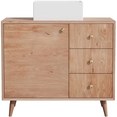 Vente-unique Badkamermeubel van massief eikenhout met vierkante opzetwastafel - Licht natuurlijk - 93 cm - ZARENO