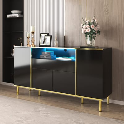 MODENUIT Dressoir - Met 4 Deuren, Lade En LED - Voor Woonkamer En Slaapkamer - Zwart MDF - 150x40x80 Cm