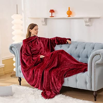 Draagbare fleece deken met mouwen - knuffeldeken met voetzak voor extra warmte, 170 x 200 cm