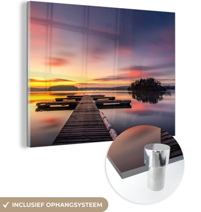 Glasschilderij - Schilderij natuur - Zonsondergang - Water - Pier - Landschap - Acrylplaat - Foto op glas - Glazen schilderij - Glas schilderij - Acrylglas - 160x120 cm - Schilderijen woonkamer