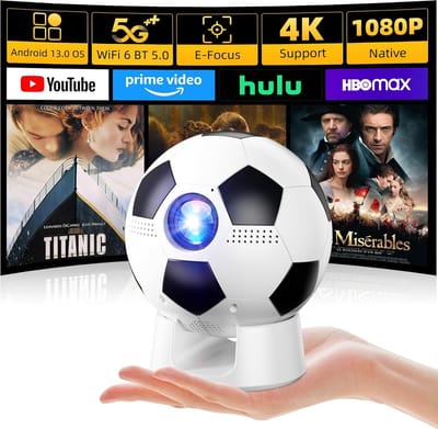 De ultieme native 1080p-projector voor voetbalfans, met ingebouwde apps, Bluetooth, Dual Band Wi-Fi 6 en een 180° draaibare geïntegreerde standaard – het perfecte cadeau voor liefhebbers van grote voetbalwedstrijden.