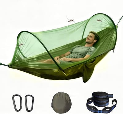 Hangmat met klamboe - 260 x 140 cm - Outdoor Camping - met Bevestigbanden en Karabijnhaken - Muggennet - met Opbergtas, Geschikt voor Tuin, Bos en Wandelen - groen