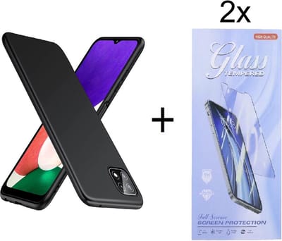 Soft Back Cover Hoesje Geschikt voor: Samsung Galaxy A22 5G Silicone - Zwart + 2X Tempered Glass Screenprotector - ZT Accessoires