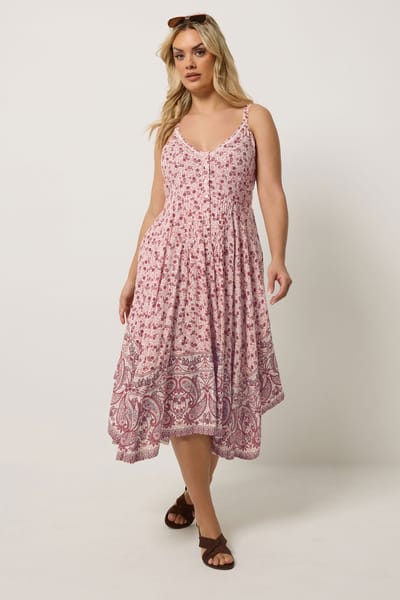 Yours Naturel Bruine Jurk Met Paisleyprint En Omgezoomde Zoom Size 50-52