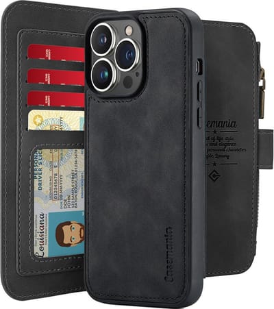 CaseMania Bookcase hoesje geschikt voor Apple iPhone 16 Pro - Effen Zwart - Kunstleer - Portemonnee met 14 Vakjes voor Pasjes en Ritsvak