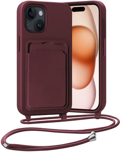 Hoesje Geschikt voor iPhone 15 Plus Hoesje Met Telefoonketting Pasjeshouder Case Koord - Hoesje Geschikt voor iPhone 15 Plus Hoes Met Kaarthouder - Aubergine