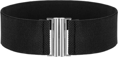 Brede elastische tailleband voor dames, rekbare tailleband met vintage gesp, verstelbare tailleband in zwart en zilver, one size, perfect voor casual en formele outfits
