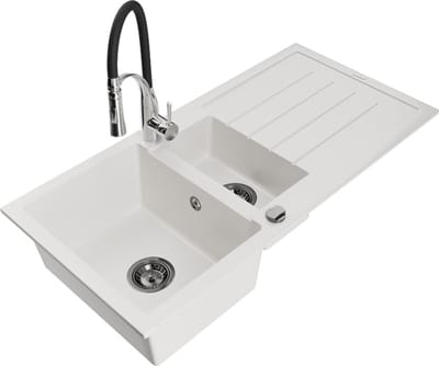 Mexen Andres granieten spoelbak 1,5-komorige met afdruipplaat en keukenmengkraan Aster, wit - 6515-20-73450-07-B