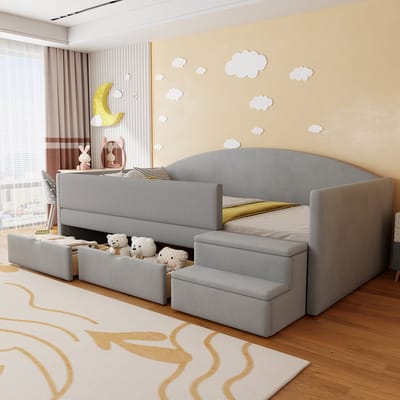 Slaapbank 90x190 cm - met twee laden en zijhek - met trapje - zonder matras - lichtgrijs