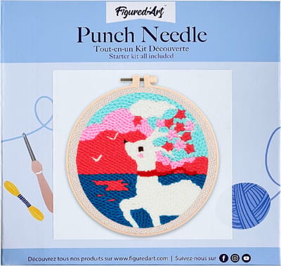 Figured'Art Punch Needle Kit voor Volwassenen en Kinderen - Witte Doe en Sakura - Perfect voor Beginners. Compleet klaar-om-te-borduren set, maat 20x20 cm met ronde frame