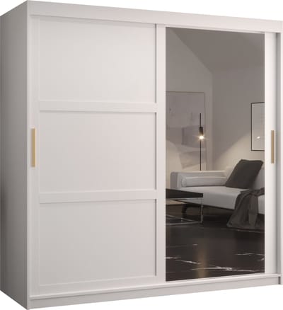 Zweefdeurkast met spiegel Kledingkast met 2 schuifdeuren Garderobekast slaapkamerkast Kledingstang met planken (LxHxP): 180x200x60 cm - Rumble II (Wit, 180) met lades
