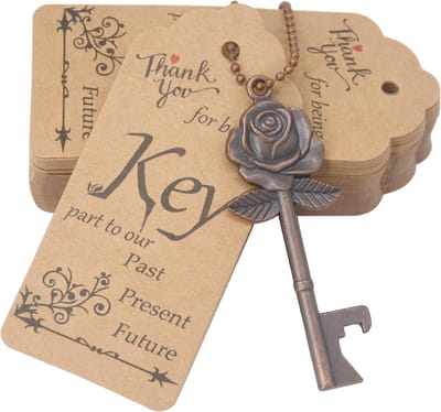 52 stuks roze bloemen vorm vintage sleutel flesopener bruiloft geschenken voor gast souvenir cadeauset met escorte bedankjes en sleutelhanger (antiek koper)