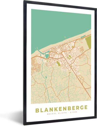 Fotolijst incl. Poster - Plattegrond - België - Kaart - Vintage - Blankenberge - Stadskaart - 40x60 cm - Posterlijst