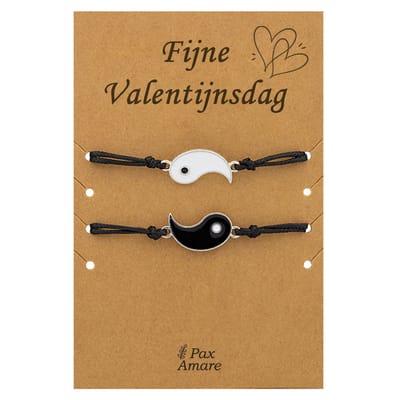 Koppel Armbandjes voor 2 "Fijne Valentijnsdag" - Yin Yang - Vriendschapsarmbandjes met Persoonlijk Cadeau Kaartje - Zilverkleurig - Elastisch Verstelbaar - Pax Amare