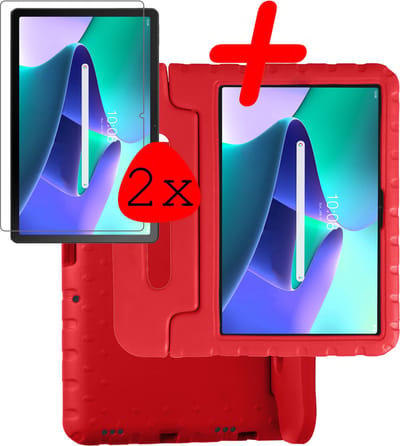 Hoesje Geschikt voor Lenovo Tab M10 Plus (3e / 3rd Generatie) - Met 2x Screenprotector - Kinderhoes Shockproof Bumper - Kidsproof Case - Tablet Hoes - Kinder Hoes Cover - Rood