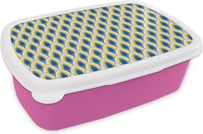 Broodtrommel Roze - Lunchbox Design - Patroon - Retro - Geel - Blauw - Brooddoos 18x12x6 cm - Brood lunch box - Broodtrommels voor kinderen en volwassenen