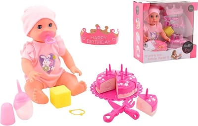 Johntoy baby Rose drink- en plaspop met taart 32 cm