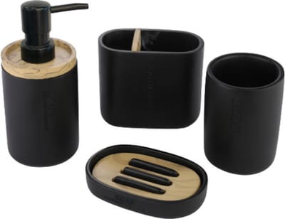 Badkamerset 4 Delig - Toiletaccessoires Set - Kunsstof - Zeeppompje - Tandenborstelhouder - Zeepschaal - Beker - Zwart