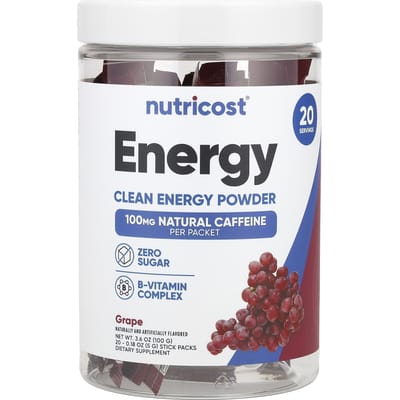 Nutricost, Énergie, Poudre d'énergie propre, Raisin, 20 sachets sticks, 5g (0,18 oz) chaque