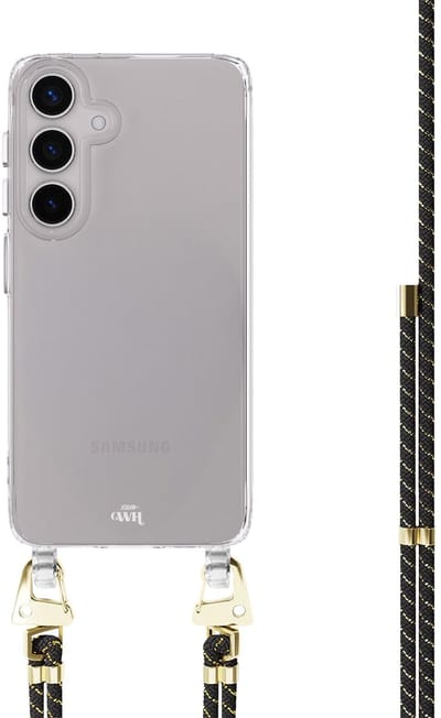 xoxo Wildhearts siliconen hoesje - Geschikt voor Samsung Galaxy S26 Plus - Gold Goddess - Telefoonhoesje - Hoesje met koord - telefoonkoord - Transparant hoesje - In lengte verstelbaar - Zwart - Goud - Zwart koord met gouden strepen