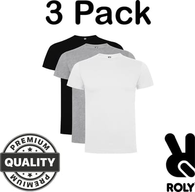 3 Pack Premium Unisex T-Shirts 100% katoen Ronde hals Zwart, Lichtgrijs gemeleerd, Wit Maat S