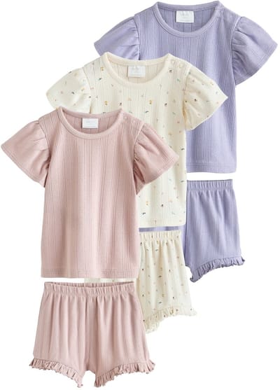 Next - Meisjes - wit gebloemd - Babyset met korte mouwen top en short 6 -delige set - Paars