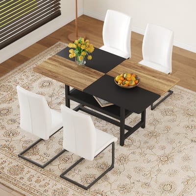 MODENUIT Eettafelset 160 x 90 cm - Met Opbergplank En 4 Stoelen - Voor Eetkamer En Keuken - MDF En Metaal - Wit