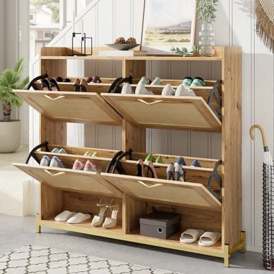 MODENUIT Schoenenkast - Met Bovenplank En Verborgen Opbergruimte - Voor Hal En Gang - MDF En Metaal - 108,5x24x100 Cm