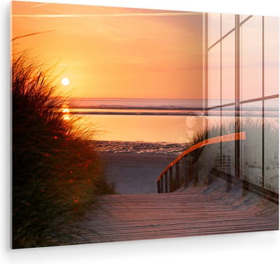 MuchoWow® Glasschilderij 160x120 cm - Schilderij acrylglas - Strand - Zon - Kleuren - Foto op glas - Muurdecoratie woonkamer - Wanddecoratie slaapkamer - Schilderijen