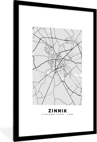 Fotolijst incl. Poster Zwart Wit- Stadskaart – Zwart Wit - Kaart – Zinnik – België – Plattegrond - 60x90 cm - Posterlijst