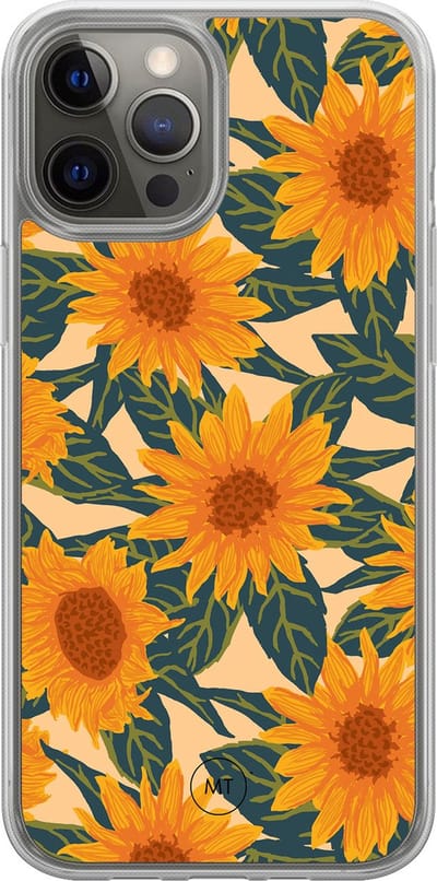 Hybride hoesje geschikt voor iPhone 12- Zonnebloemen - Extra bescherming - Luxe beschermhoes - TPU case - Transparant, Oranje - Mooie Telefoonhoesjes