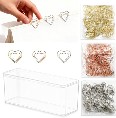 Dailygoods - Paperclips met motief, liefde, van metaal, goud, zilver, roségoud, met transparante doos, voor kantoor, klaslokaal, bruiloft, ansichtkaarten, school, 150 stuks