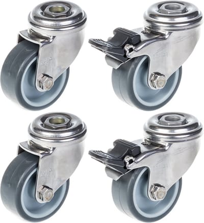 50 mm (2") roestvrijstalen zwenkwiel met grijs rubber, zwenkbaar en met rem, 160 kg, set van 4