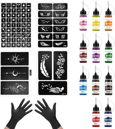 Tatoeageset Inkt - Tijdelijke Kunst - Creatief Zelf Doen - 11 Kleuren Inclusief - 72 Sjablonen