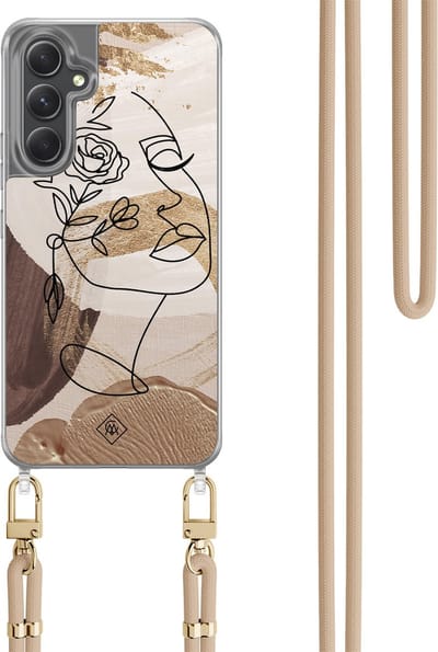Casimoda® hoesje met koord - Geschikt voor Samsung A34 - Abstract Gezicht Bruin - Afneembaar koord - TPU/polycarbonaat - Bruin/beige