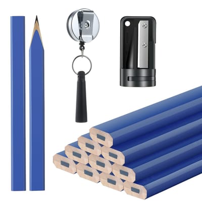 Dailygoody - Timmerman Markering Potloden - Houtbewerking Gereedschap - Siliconen Penhouder - Blauw - Puntenslijper - 12 Stuks