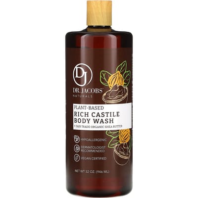 Dr. Jacobs Naturals, Gel douche riche en plantes de Castille, beurre de karité biologique, 940 ml (946ml) black