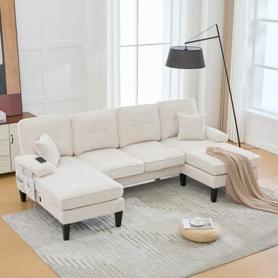 Wishdor - U-Vormige 4-Zitsbank - Met Twee Liggedeelten - Modern - Voor De Woonkamer - Linnen - Beige - 250 X 130 X 88 Cm