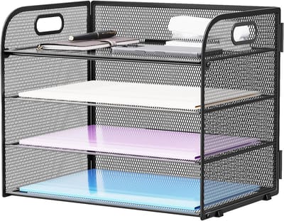 Desk Trays Organiser, 4 Tier Letter Paper Tray met handvat, gaas in lade voor bureau Office Home A4 File Document Storage (Zwart)