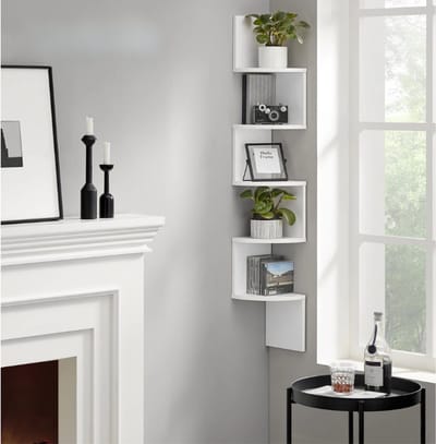 Zwevende wandplank -Hoekplank - 5 niveaus- Ruimtebesparende Opslag voor Boeken, Foto's, Planten-Wit.