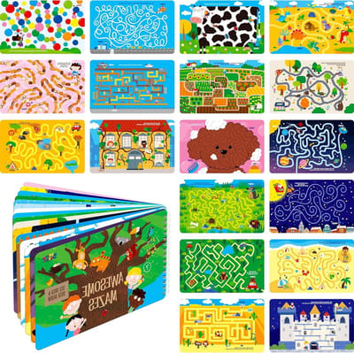 Doolhof Speelblok - Wis-weg Boek - Reis Vermaak - 30 Herbruikbare Labyrinten - 225 x 14 cm - Multicolor