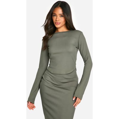 boohoo Dames Geribde ronde hals top met lange mouwen en dip zoom | Kaki | Maat: 36