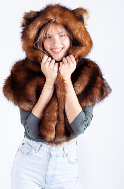 KIMU® Poncho Cape Bruine Beer - Hood Muts Bontjas Oortjes Spirit Beertje Festival